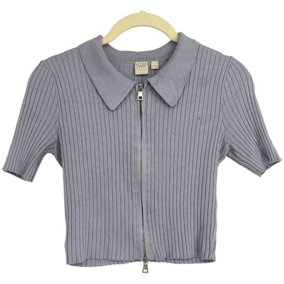 twik Tops - Twik by Simons Light Periwinkle Short Sleeve Zip Up Crop Top  XS